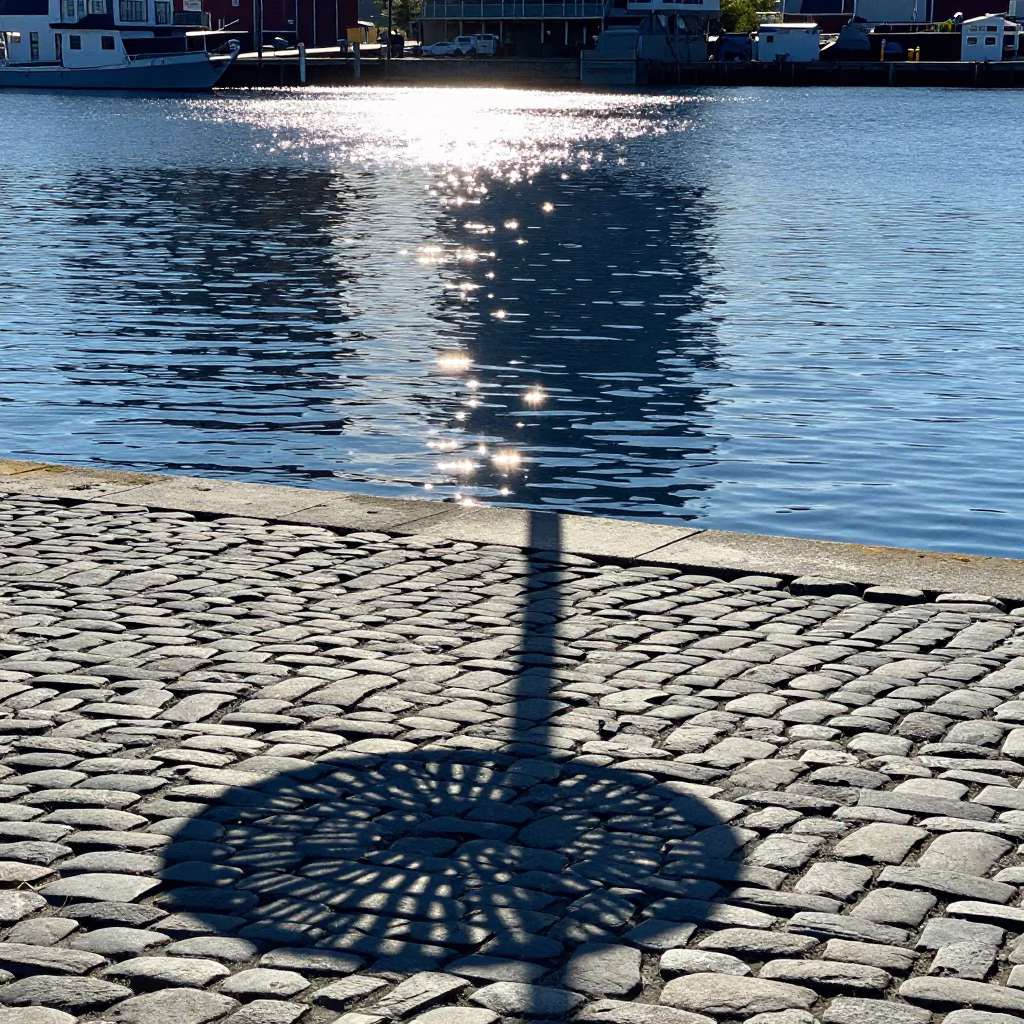 Halifax Waterfront Noon Sunlight Reflections on Cobblestones and Harbor View in in Halifax, Nova Scotia, Canada