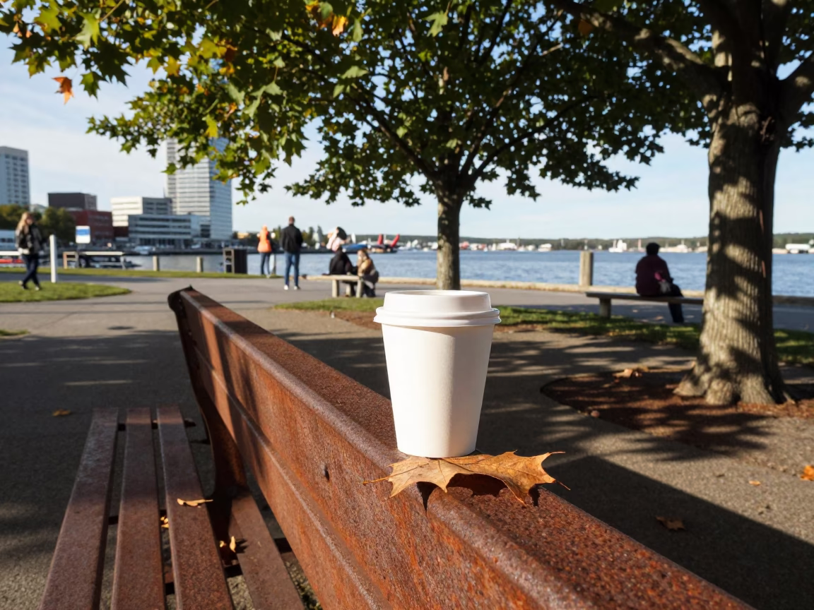 Halifax Waterfront Park Afternoon with Rusty Bench and Leaf Shadows on Coffee Cup in in Halifax, Nova Scotia, Canada