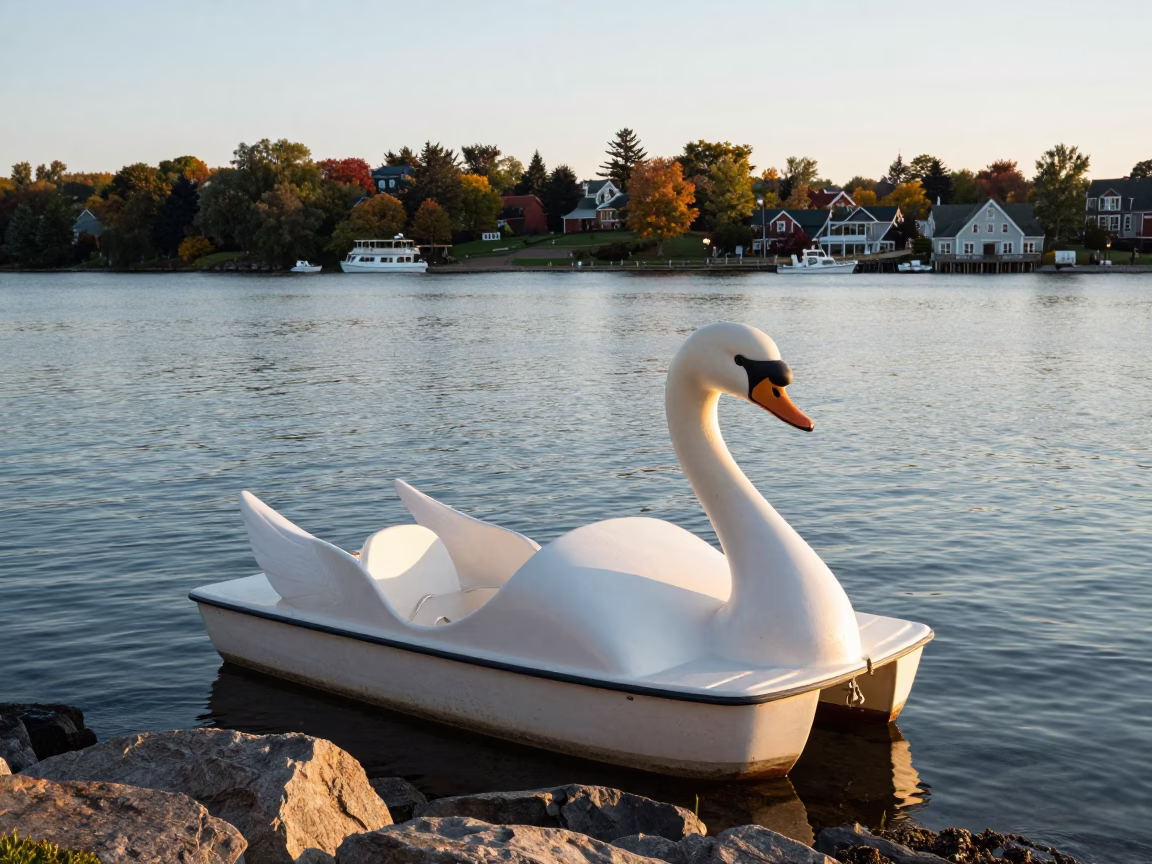 Halifax Waterfront Park Late Afternoon Swan Pedal Boat and Rocky Shoreline Scene in in Halifax, Nova Scotia, Canada