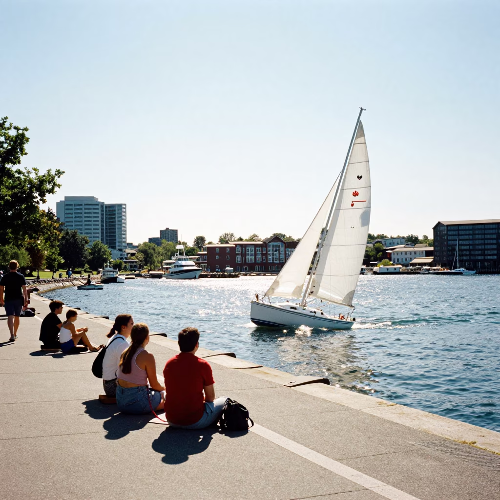 Halifax Waterfront Park Noon Light with Sailboat Heeling and Stone Wall in in Halifax, Nova Scotia, Canada