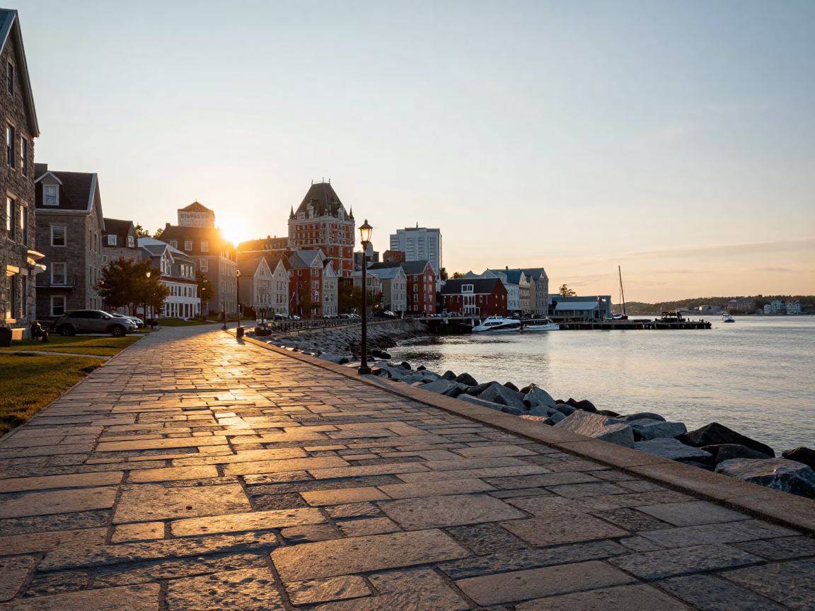 Halifax Waterfront Promenade Golden Hour View of Historic Stone Buildings and Harbor in in Halifax, Nova Scotia, Canada
