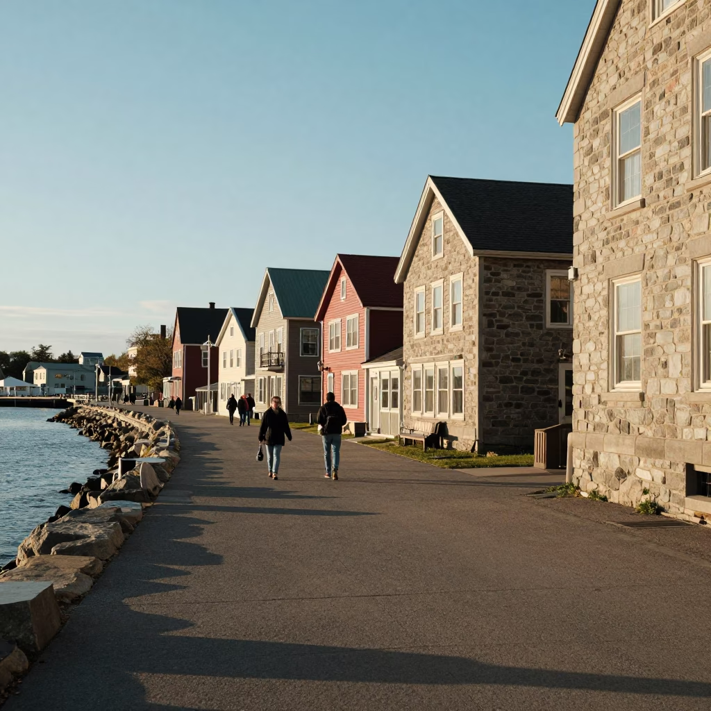 Halifax Waterfront Promenade Late Afternoon Light with Historic Stone Buildings in in Halifax, Nova Scotia, Canada