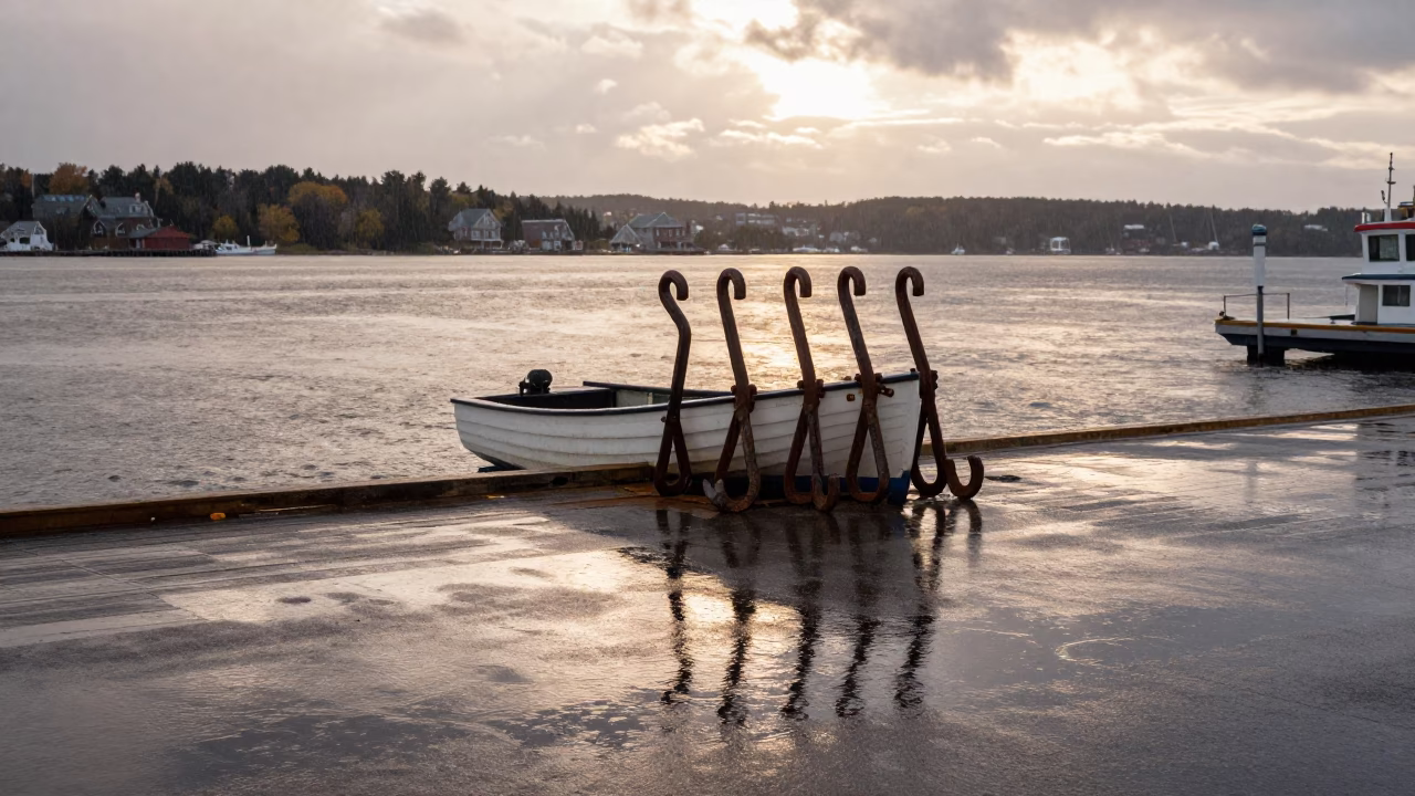 Halifax Waterfront Rain Reflections and Iron Dock Hardware at Dawn in in Halifax, Nova Scotia, Canada