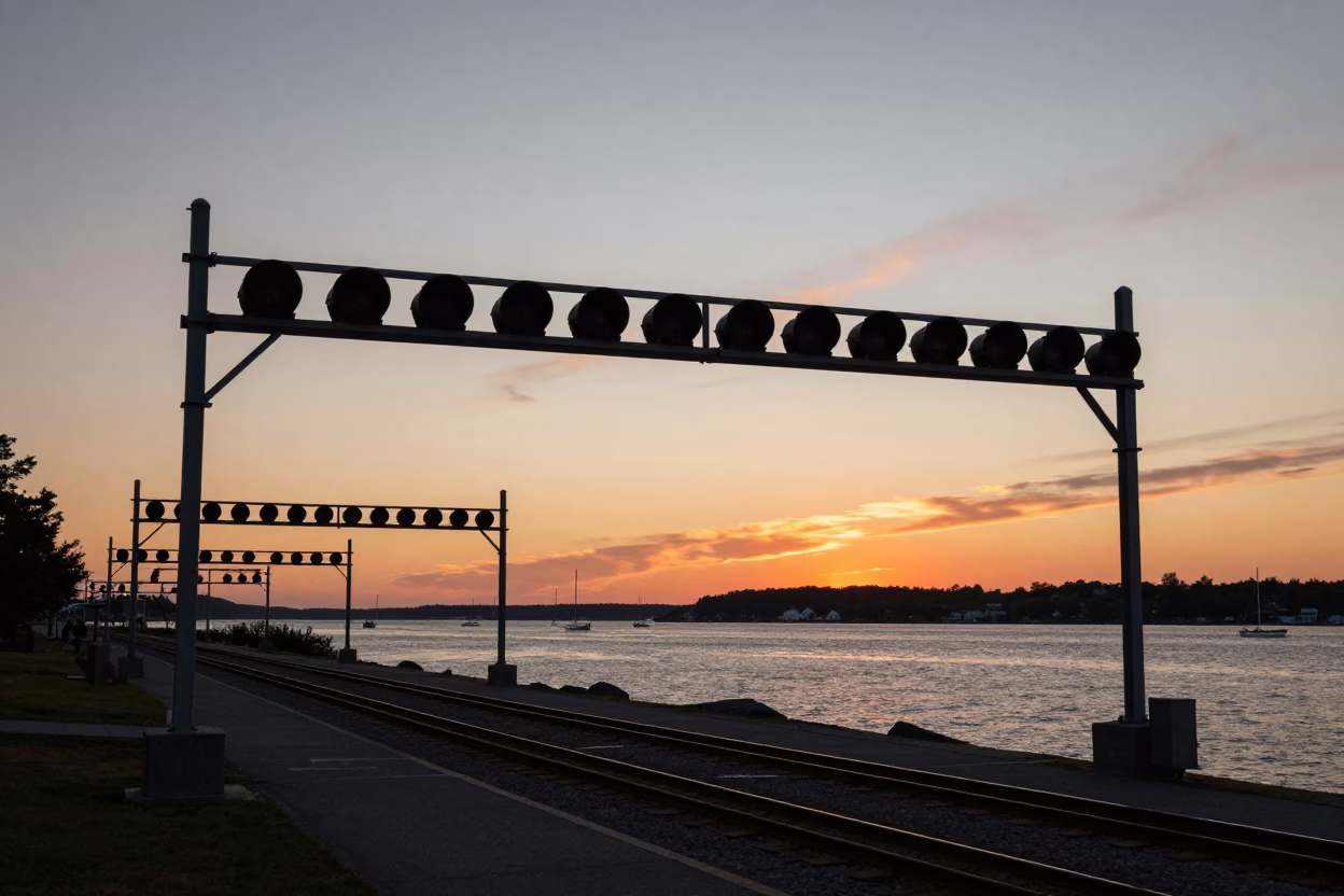 Halifax Waterfront Signal Gantry and Rail Lines at Sunset in in Halifax, Nova Scotia, Canada