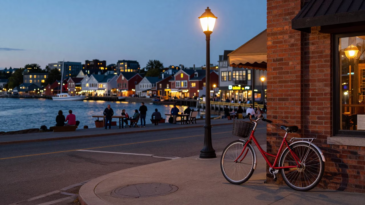 Halifax Waterfront Street Scene at Dusk with Bicycle and City Lights in in Halifax, Nova Scotia, Canada