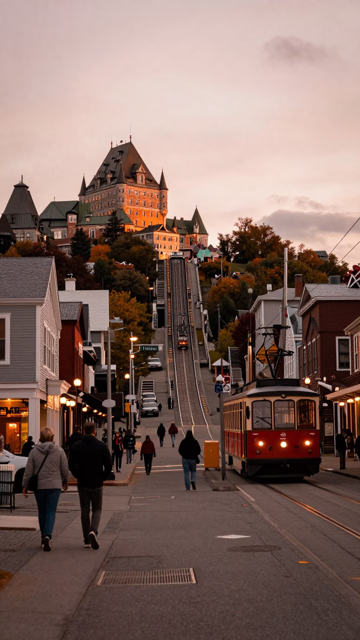 Halifax Waterfront Street Scene at Dusk with Funicular and String Lights in in Halifax, Nova Scotia, Canada
