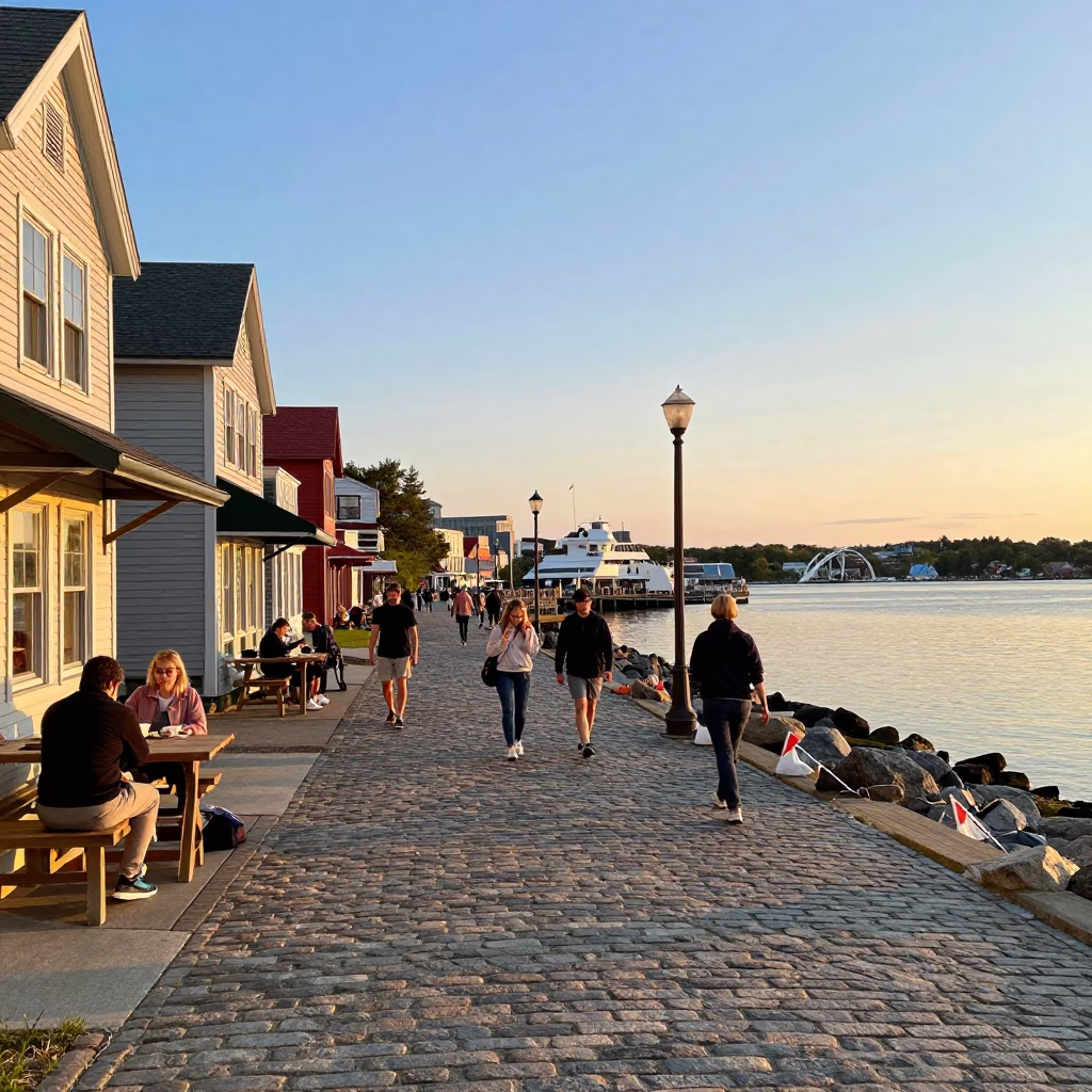 Halifax Waterfront Street Scene at Golden Hour with Local Diners and Harbour Views in in Halifax, Nova Scotia, Canada