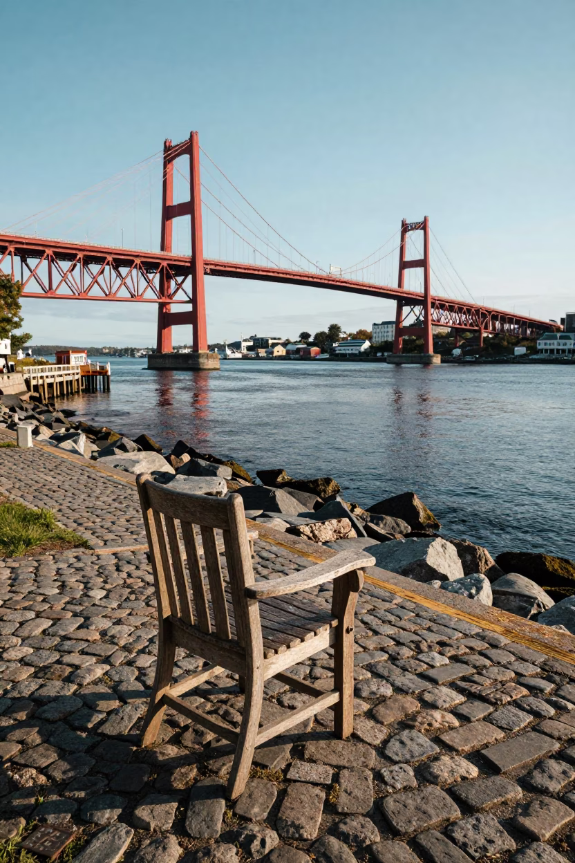 Halifax Waterfront Street Scene Late Morning with Chair and Bridge Pier in in Halifax, Nova Scotia, Canada