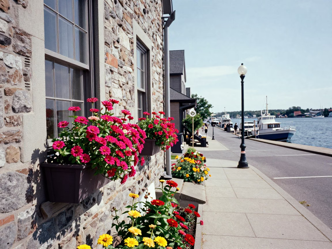 Halifax Waterfront Street Scene with Colorful Zinnias and Fishing Floats in Bright Midmorning Light in in Halifax, Nova Scotia, Canada