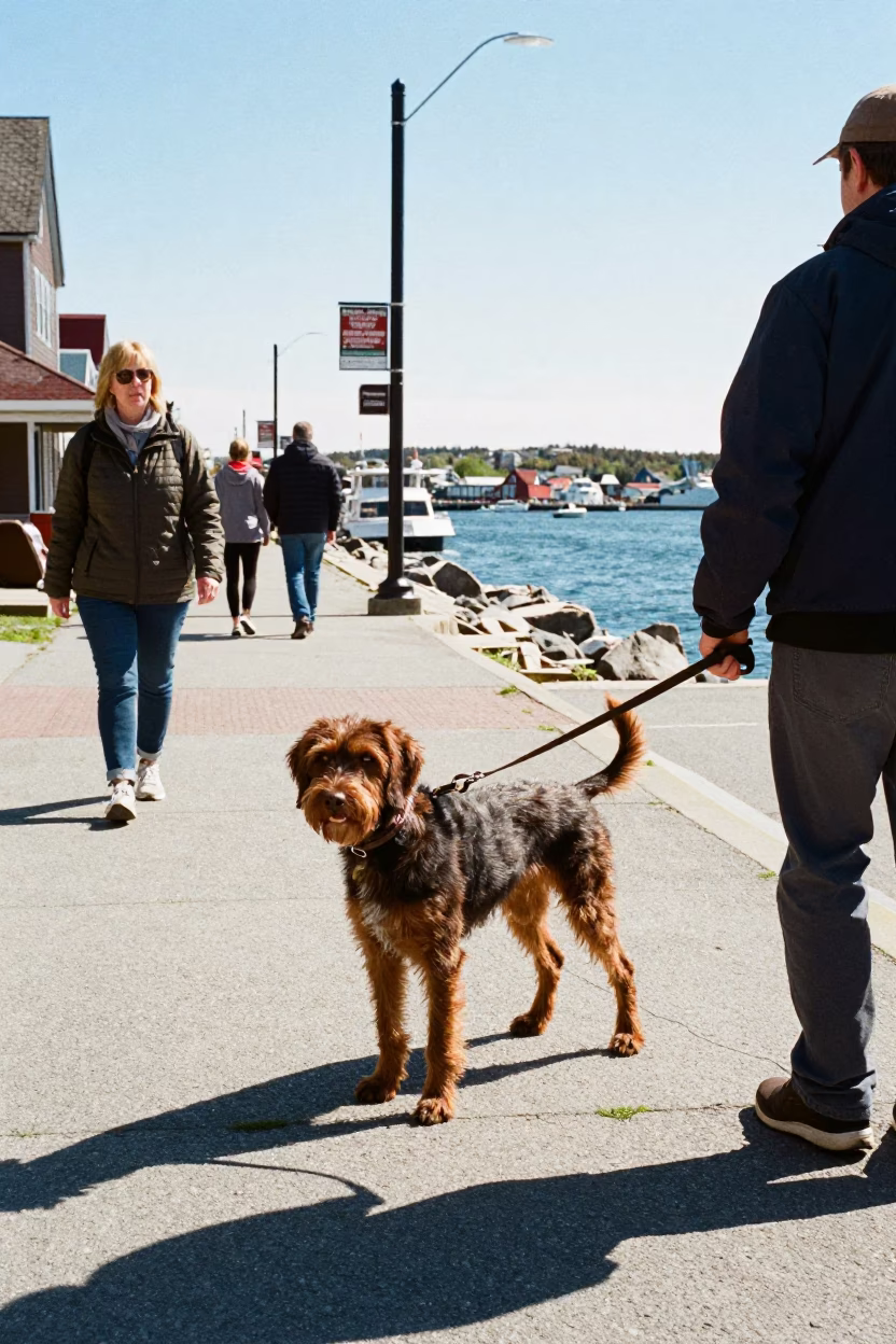 Halifax Waterfront Street Scene with German Wirehaired Pointer and Aprons in in Halifax, Nova Scotia, Canada