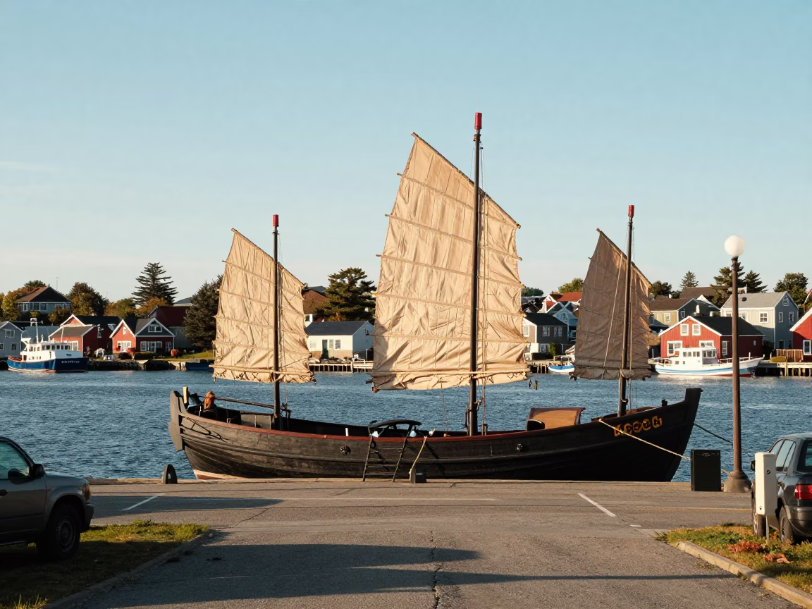 Halifax Waterfront Street Scene with Traditional Chinese Junk Boat and Late Afternoon Light in in Halifax, Nova Scotia, Canada