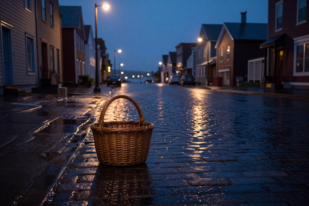 Halifax Waterfront Street Scene with Wicker Basket Shadow and Rain Puddles in in Halifax, Nova Scotia, Canada