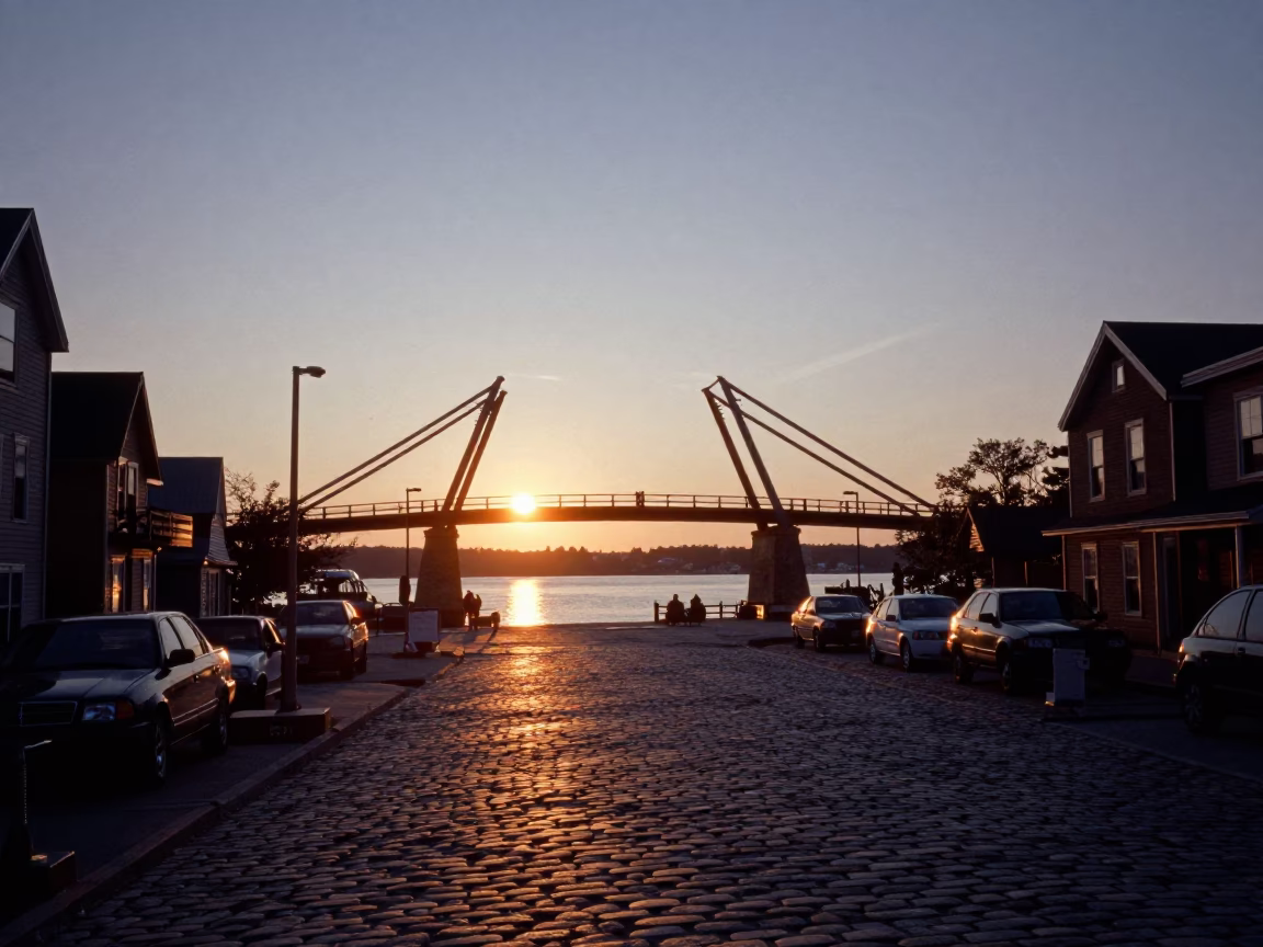 Halifax Waterfront Sunset Bascule Bridge and Local Street Scene in in Halifax, Nova Scotia, Canada