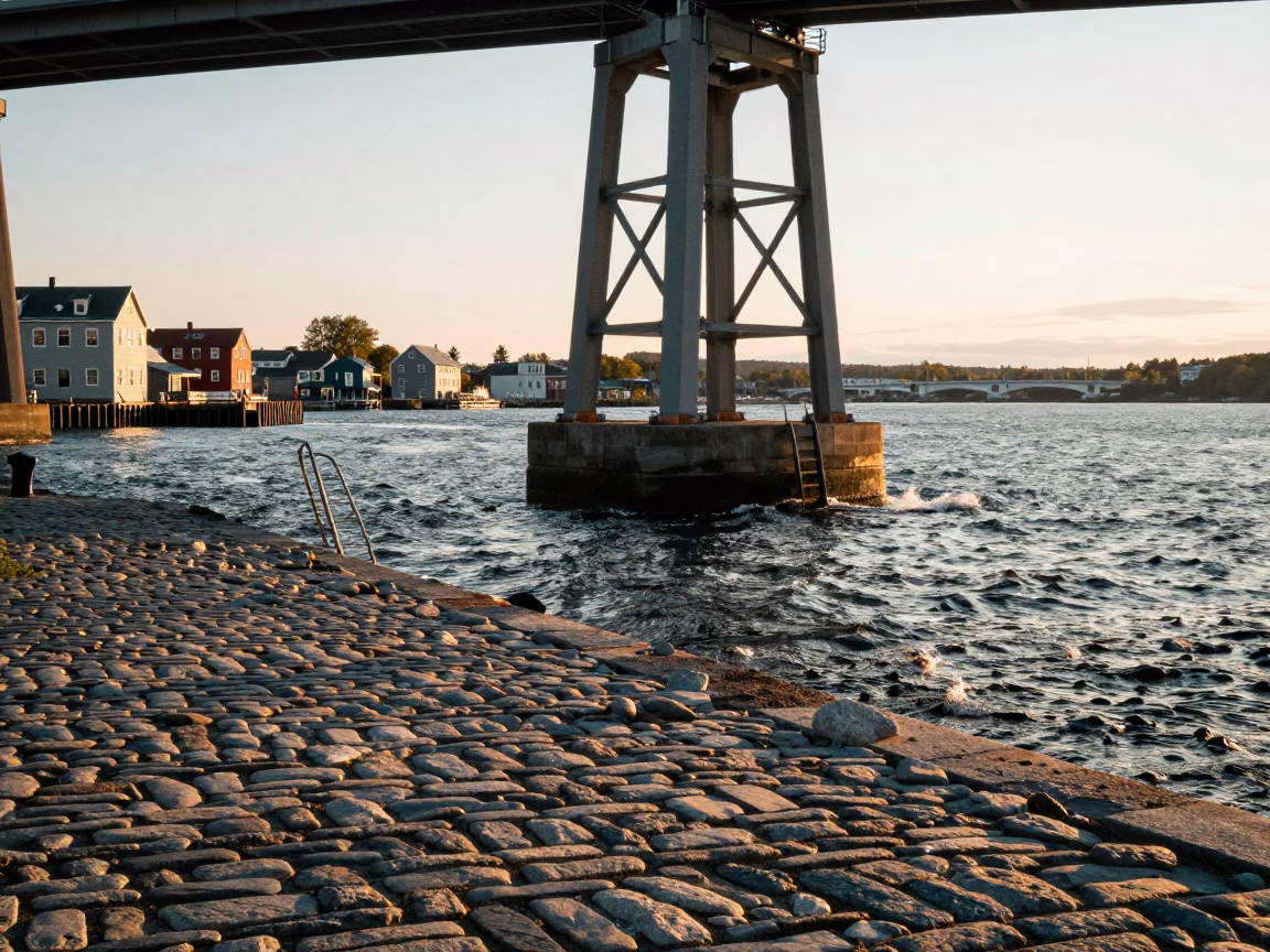 Halifax Waterfront Sunset Bridge Pier Inspection Ladder Above Choppy Water in in Halifax, Nova Scotia, Canada