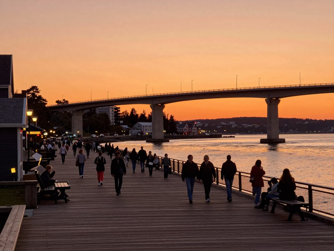 Halifax Waterfront Sunset Busy Street Scene with Concrete Viaduct and Urban Life in in Halifax, Nova Scotia, Canada