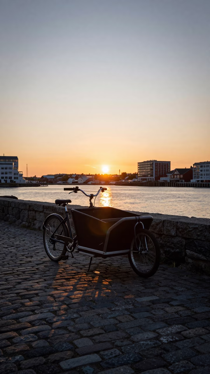 Halifax Waterfront Sunset Golden Hour Cargo Bicycle and City Skyline Reflection in in Halifax, Nova Scotia, Canada