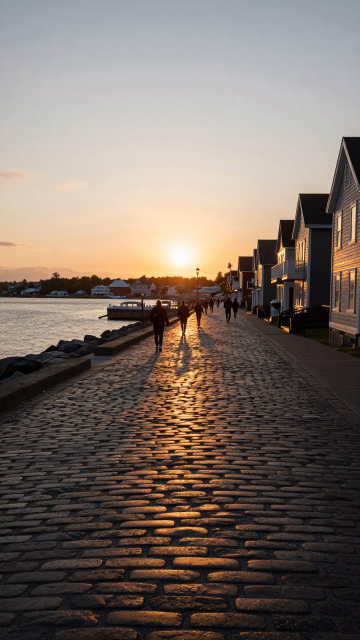 Halifax Waterfront Sunset Golden Hour Reflections on Cobblestone Street with Pedestrians and Historic Architecture in in Halifax, Nova Scotia, Canada