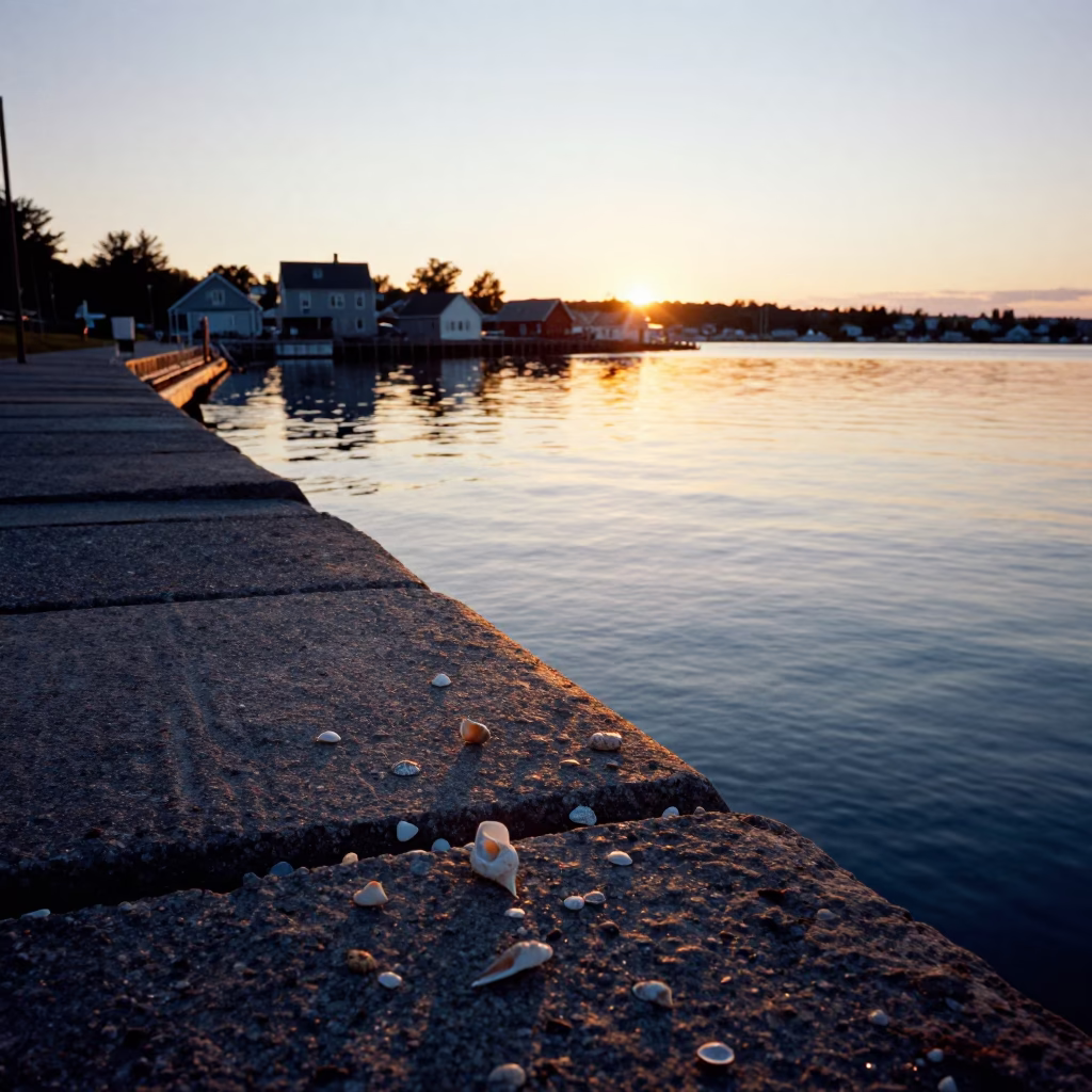 Halifax Waterfront Sunset Reflections and Seashells on Granite Pier in in Halifax, Nova Scotia, Canada
