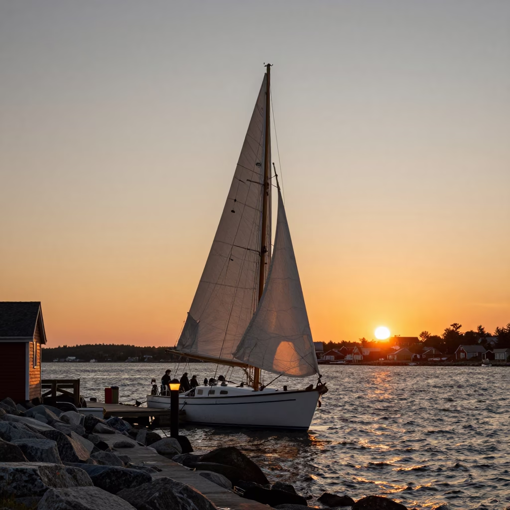 Halifax Waterfront Sunset Sailboat Heeling Strong Wind Nova Scotia Canada in in Halifax, Nova Scotia, Canada