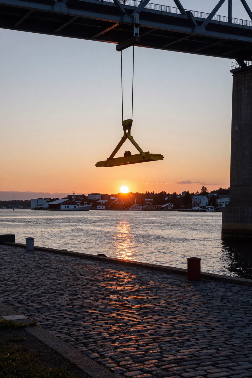 Halifax Waterfront Sunset Scene with Bridge Maintenance Cradle and Urban Activity in in Halifax, Nova Scotia, Canada