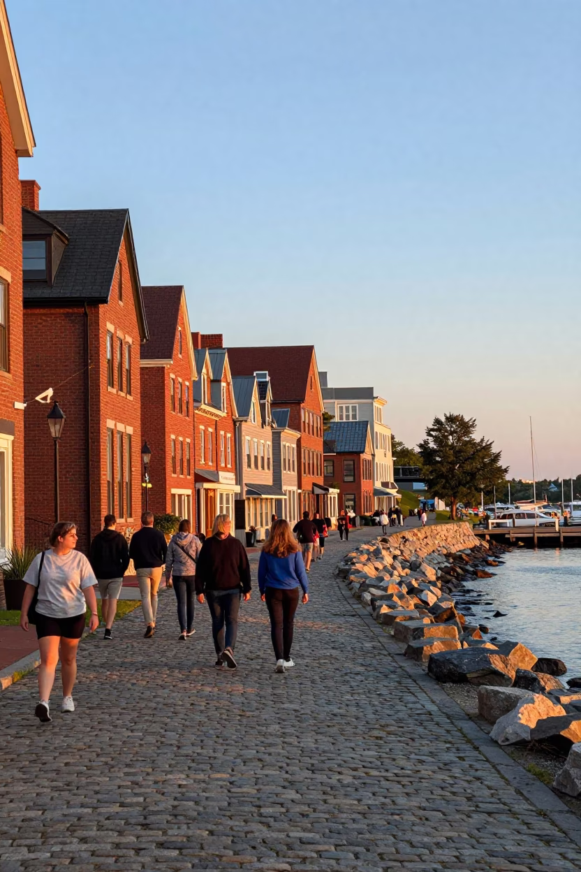 Halifax Waterfront Sunset Stroll with Red Brick Architecture and Harbor Views in in Halifax, Nova Scotia, Canada