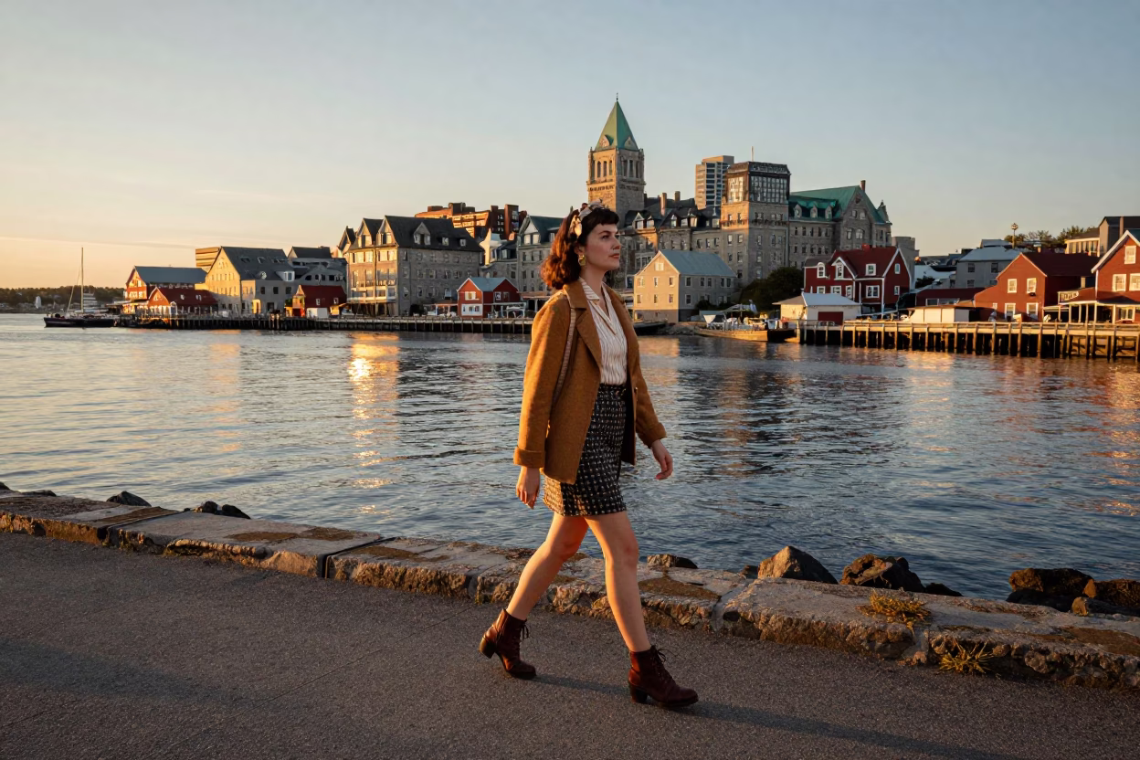 Halifax Waterfront Sunset Stroll with Vintage Fashion and Harbor Views in in Halifax, Nova Scotia, Canada
