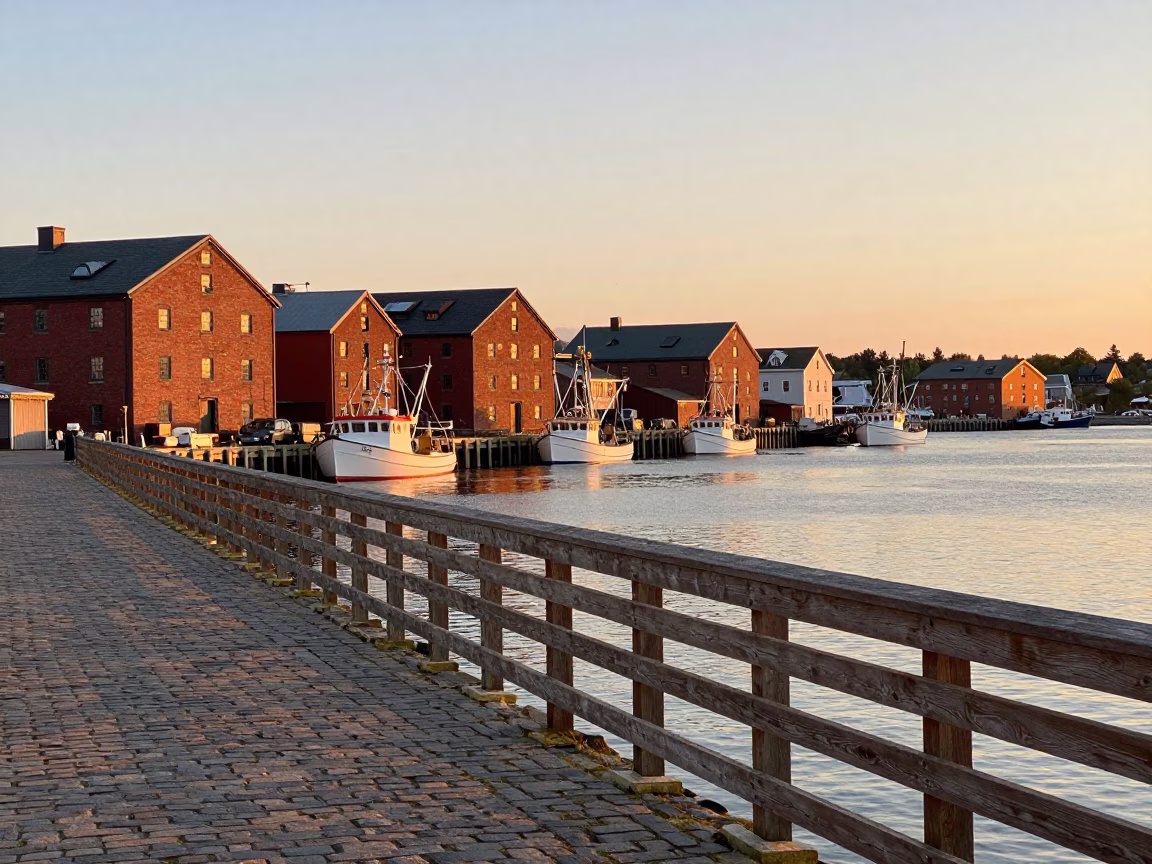 Halifax Waterfront Sunset View of Historic Dockyard and Harbor Boats at Dusk in in Halifax, Nova Scotia, Canada