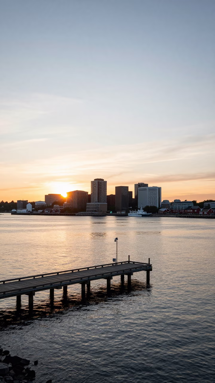 Halifax Waterfront Sunset View of Historic Pier and Atlantic Ocean with City Skyline in in Halifax, Nova Scotia, Canada