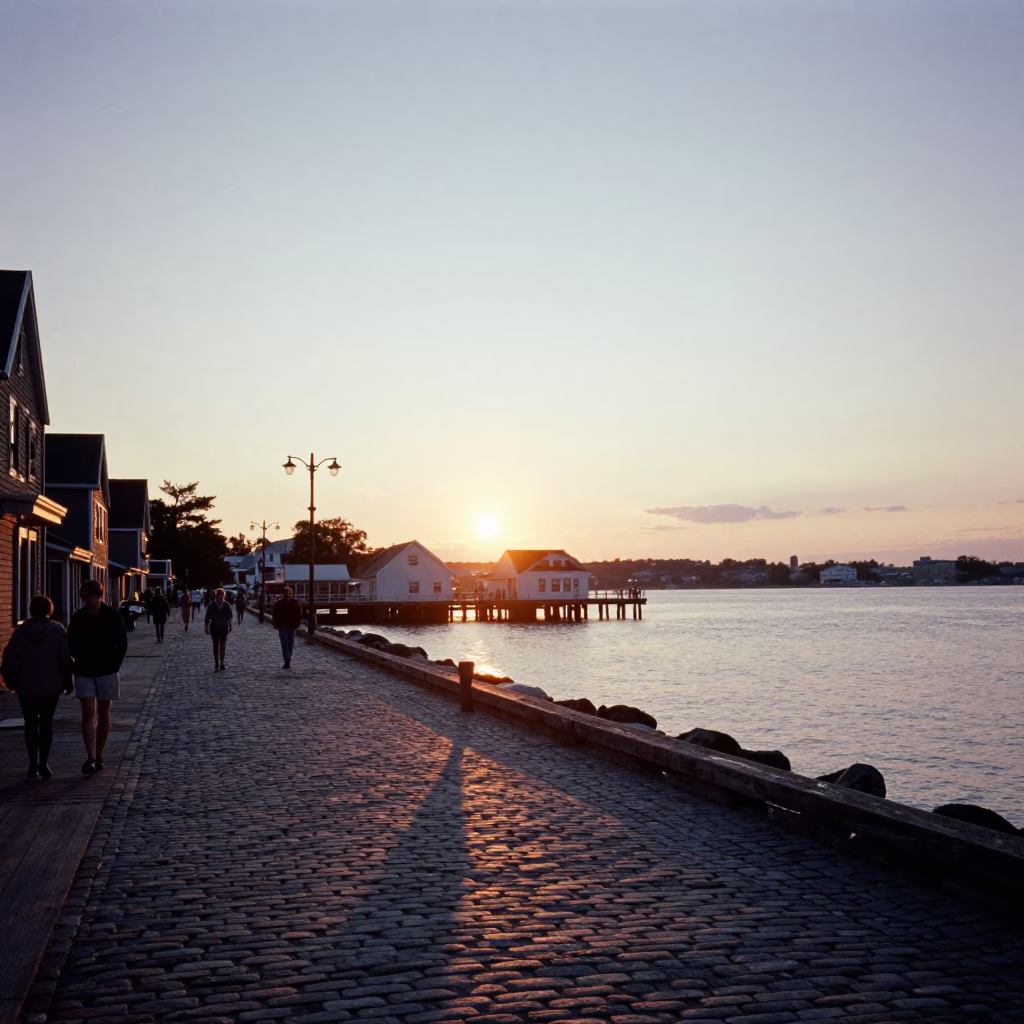 Halifax Waterfront Sunset View of Historic Pier and Busy Street Life in Nova Scotia in in Halifax, Nova Scotia, Canada