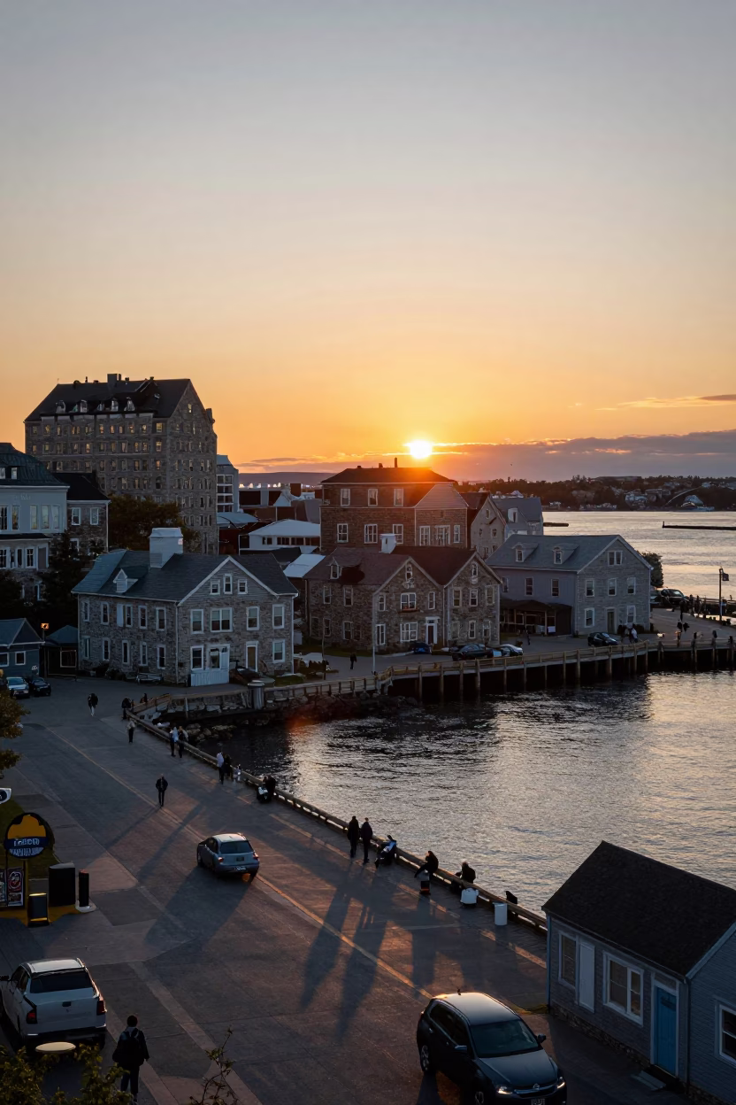 Halifax Waterfront Sunset View of Historic Stone Buildings and Busy Pier with Sunlight Reflections in in Halifax, Nova Scotia, Canada