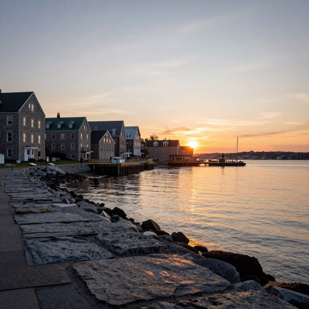 Halifax Waterfront Sunset View of Historic Stone Buildings and Harbor Boats in in Halifax, Nova Scotia, Canada