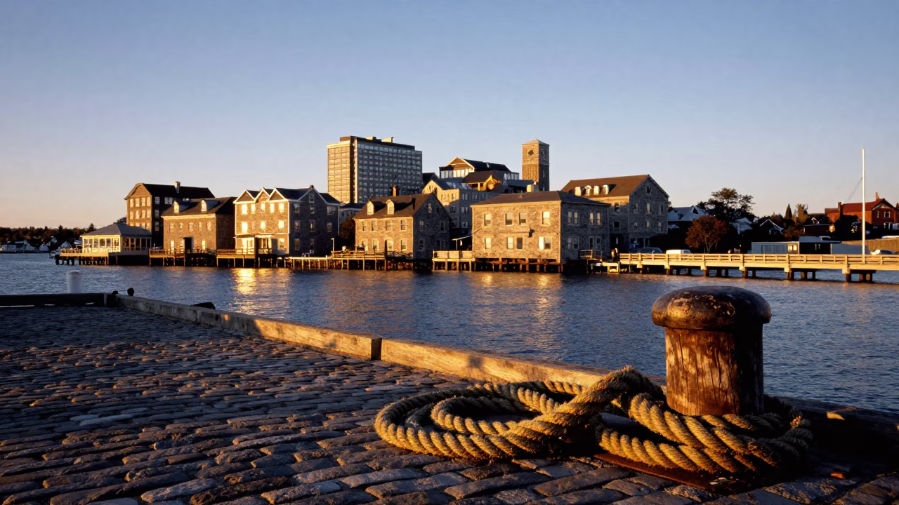 Halifax Waterfront Sunset View of Historic Stone Buildings and Maritime Ropes in in Halifax, Nova Scotia, Canada