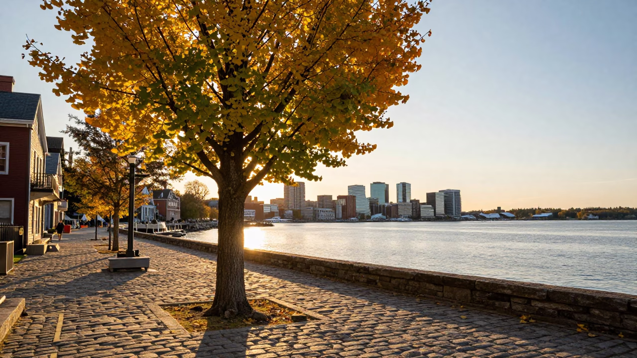 Halifax Waterfront Sunset View with Ginkgo Tree and Fruit Crate in in Halifax, Nova Scotia, Canada