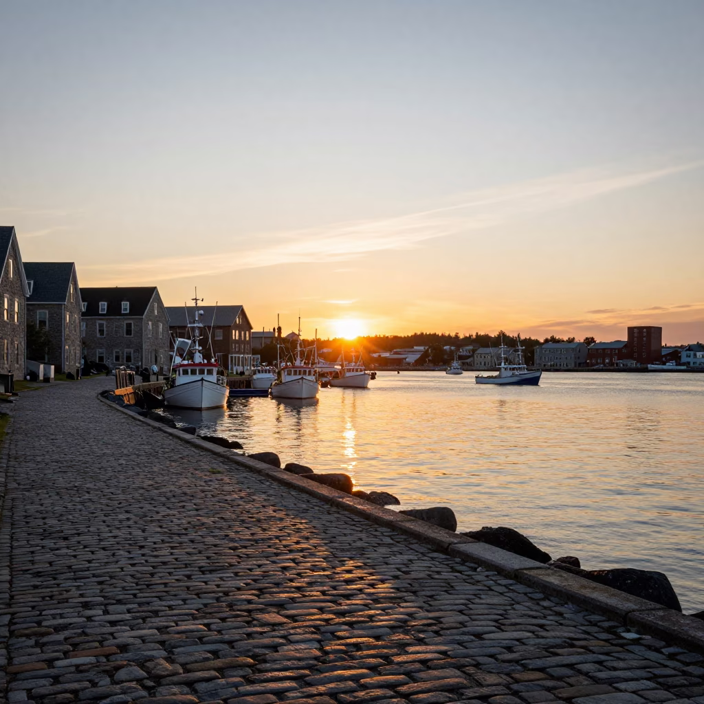 Halifax Waterfront Sunset View with Historic Stone Buildings and Busy Boardwalk in in Halifax, Nova Scotia, Canada