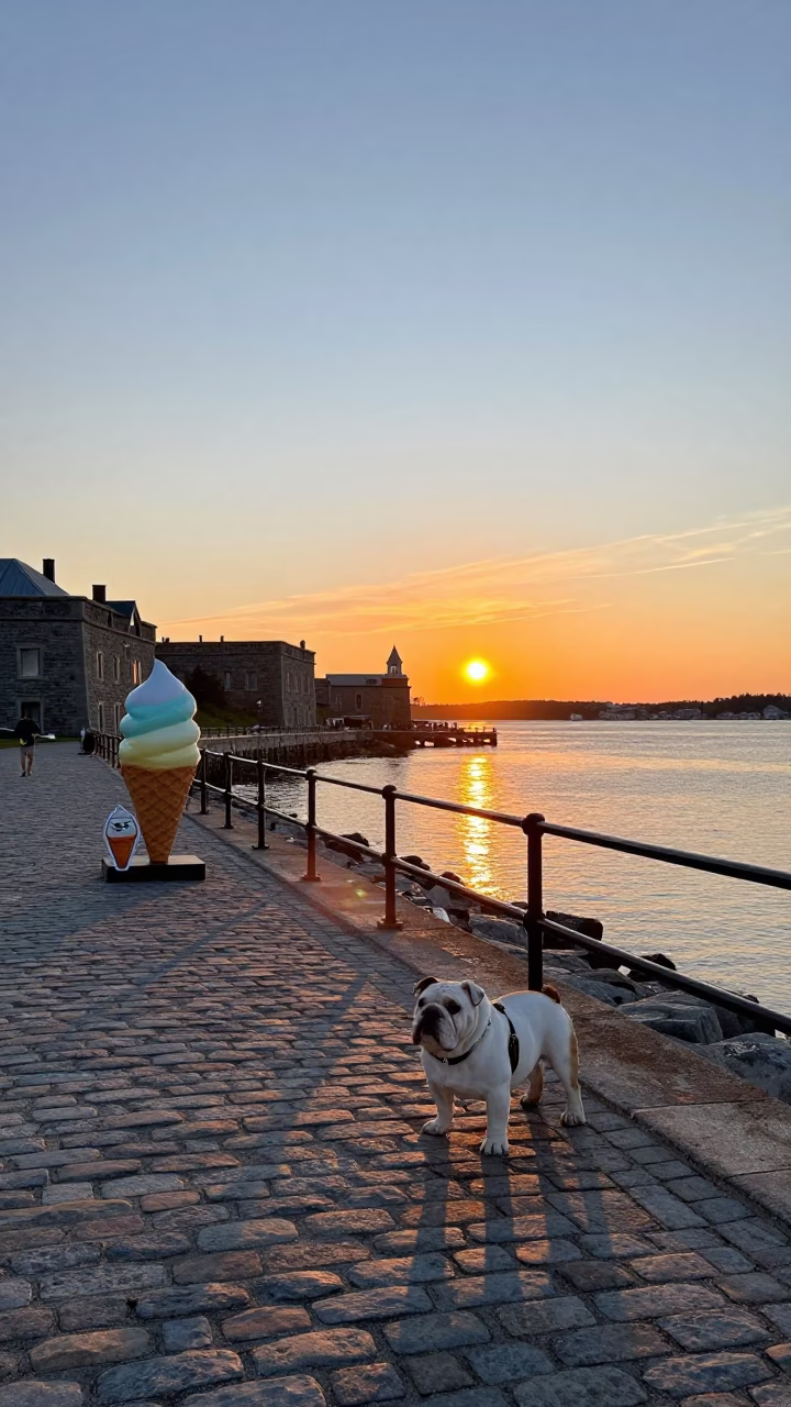 Halifax Waterfront Sunset with Bulldog and Gelato Display in Nova Scotia Canada in in Halifax, Nova Scotia, Canada
