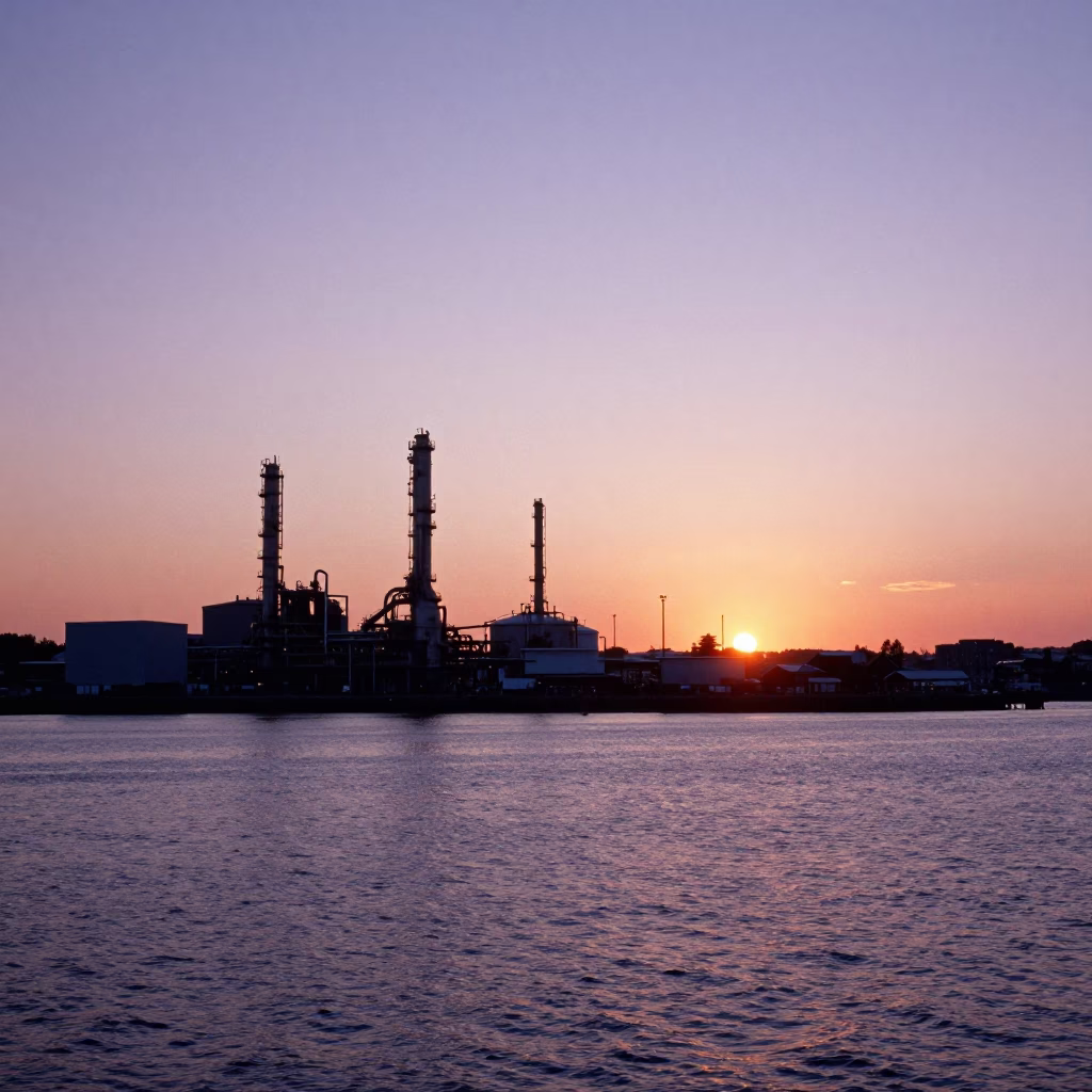 Halifax waterfront sunset with industrial refinery and harbor views in in Halifax, Nova Scotia, Canada