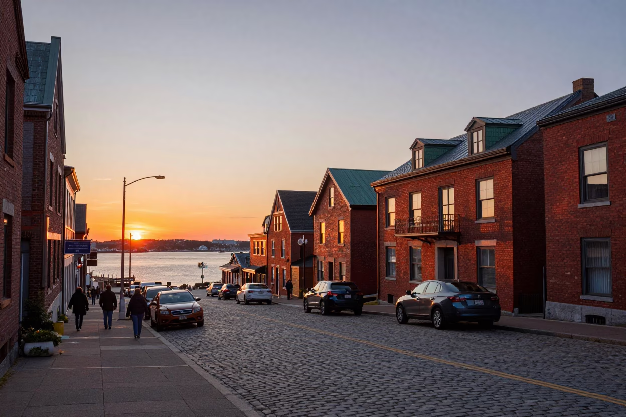 Halifax Waterfront Sunset with Red Brick Architecture and Busy Street Life in in Halifax, Nova Scotia, Canada
