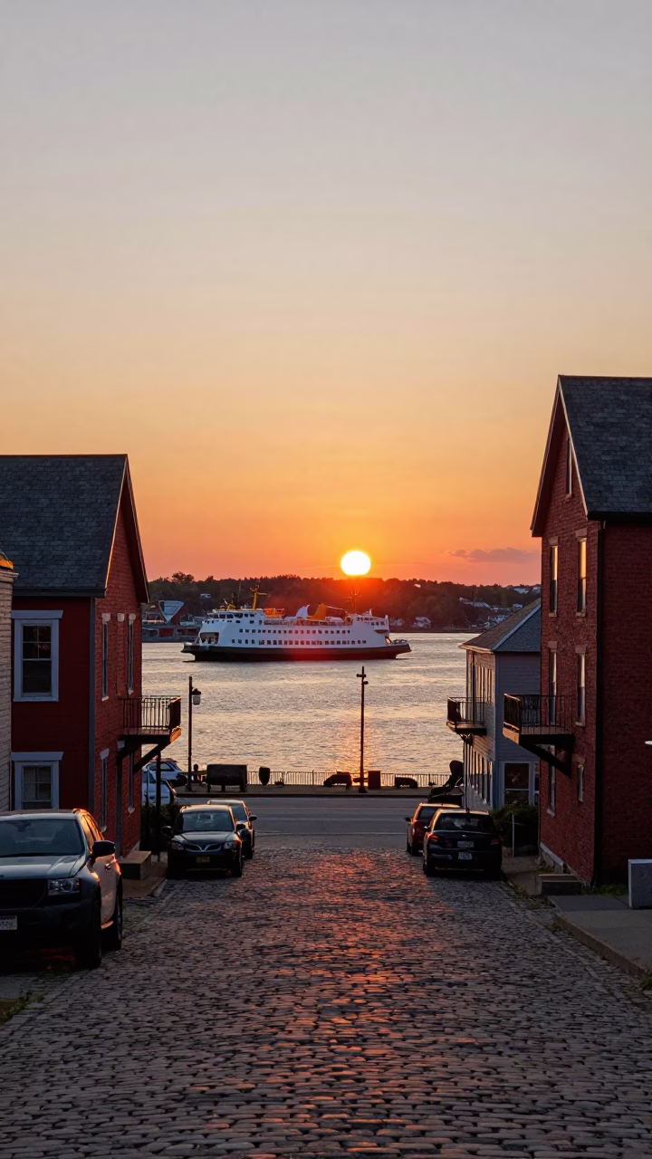Halifax Waterfront Sunset with Red Brick Buildings and Ferry Reflections in in Halifax, Nova Scotia, Canada