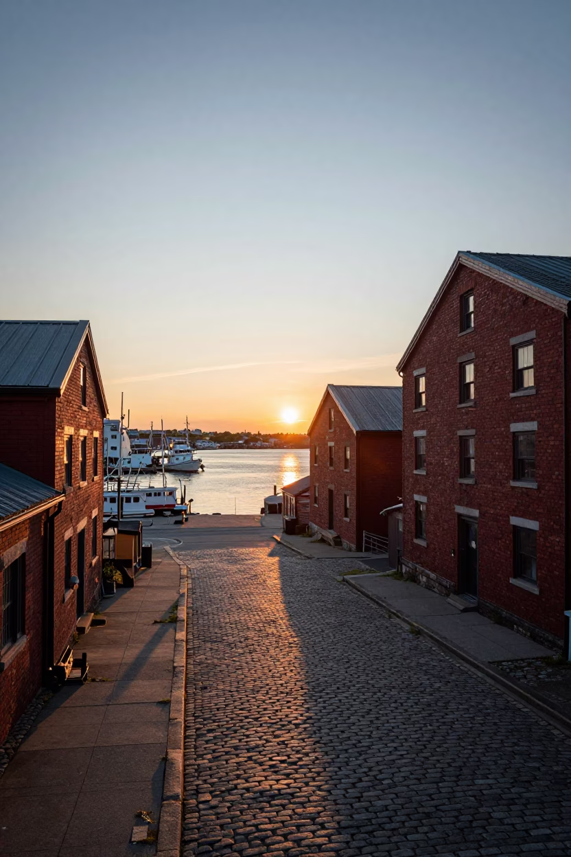 Halifax Waterfront Sunset with Red Brick Warehouses and Fishing Boats in in Halifax, Nova Scotia, Canada