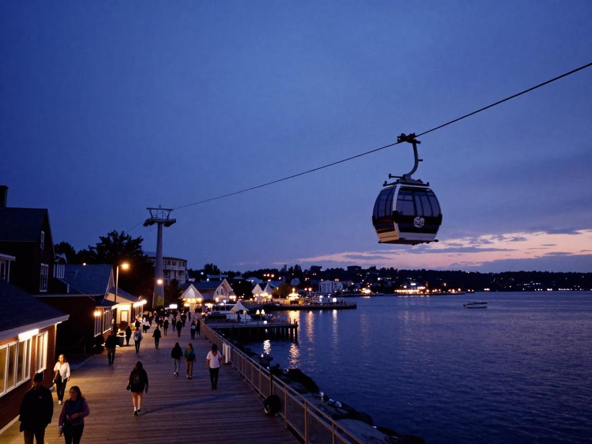 Halifax Waterfront Twilight Scene with Aerial Tramway Gondola and Busy Pedestrian Activity in in Halifax, Nova Scotia, Canada