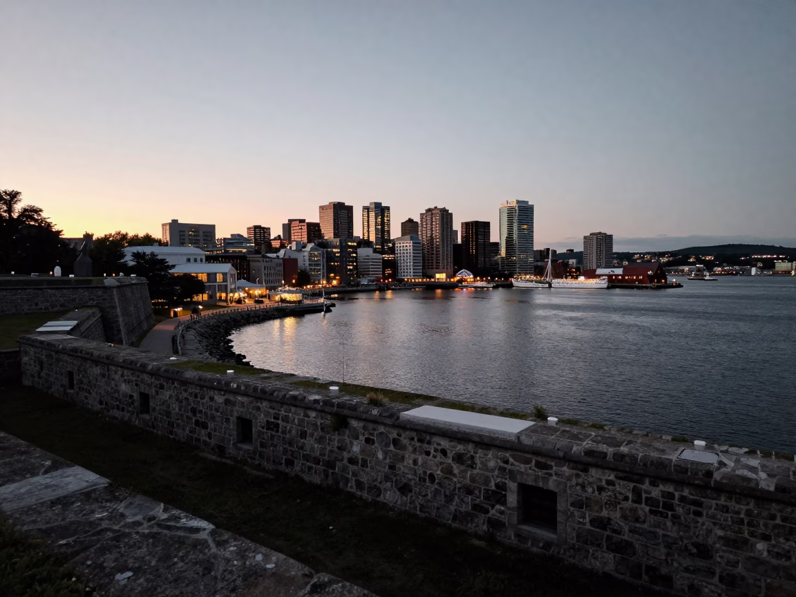 Halifax Waterfront Twilight Scene with City Lights and Historic Stone Architecture in in Halifax, Nova Scotia, Canada