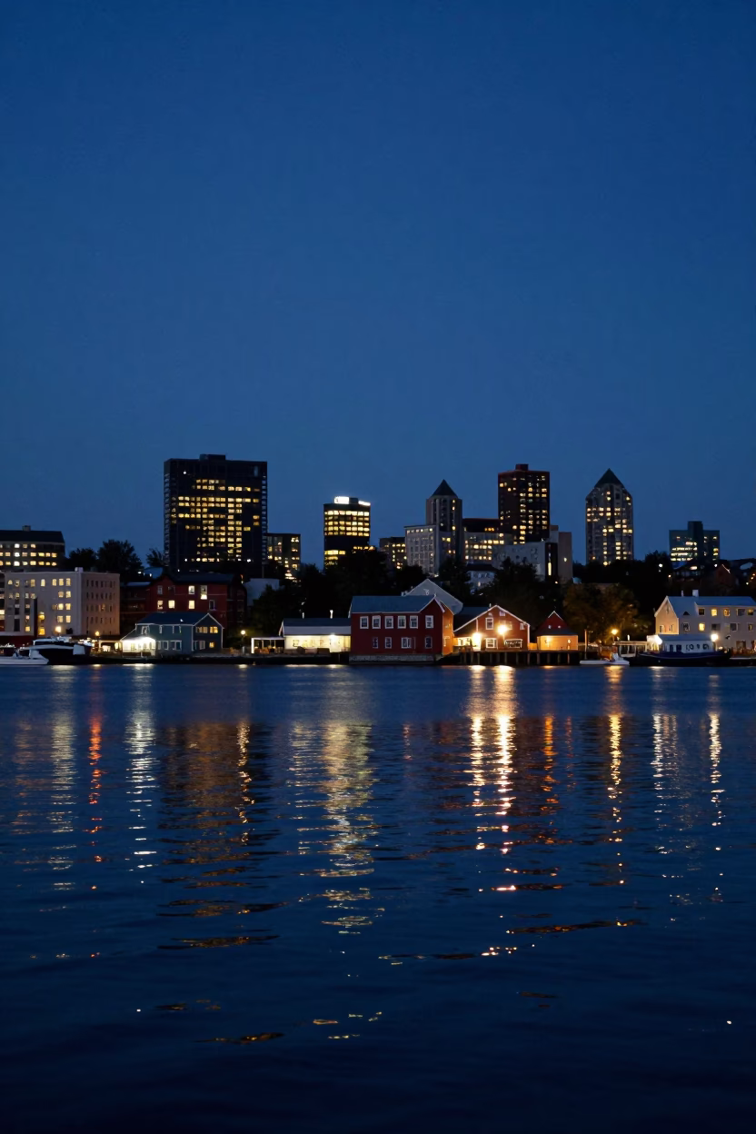 Halifax Waterfront Twilight Scene with City Lights Reflecting on the Harbor in in Halifax, Nova Scotia, Canada