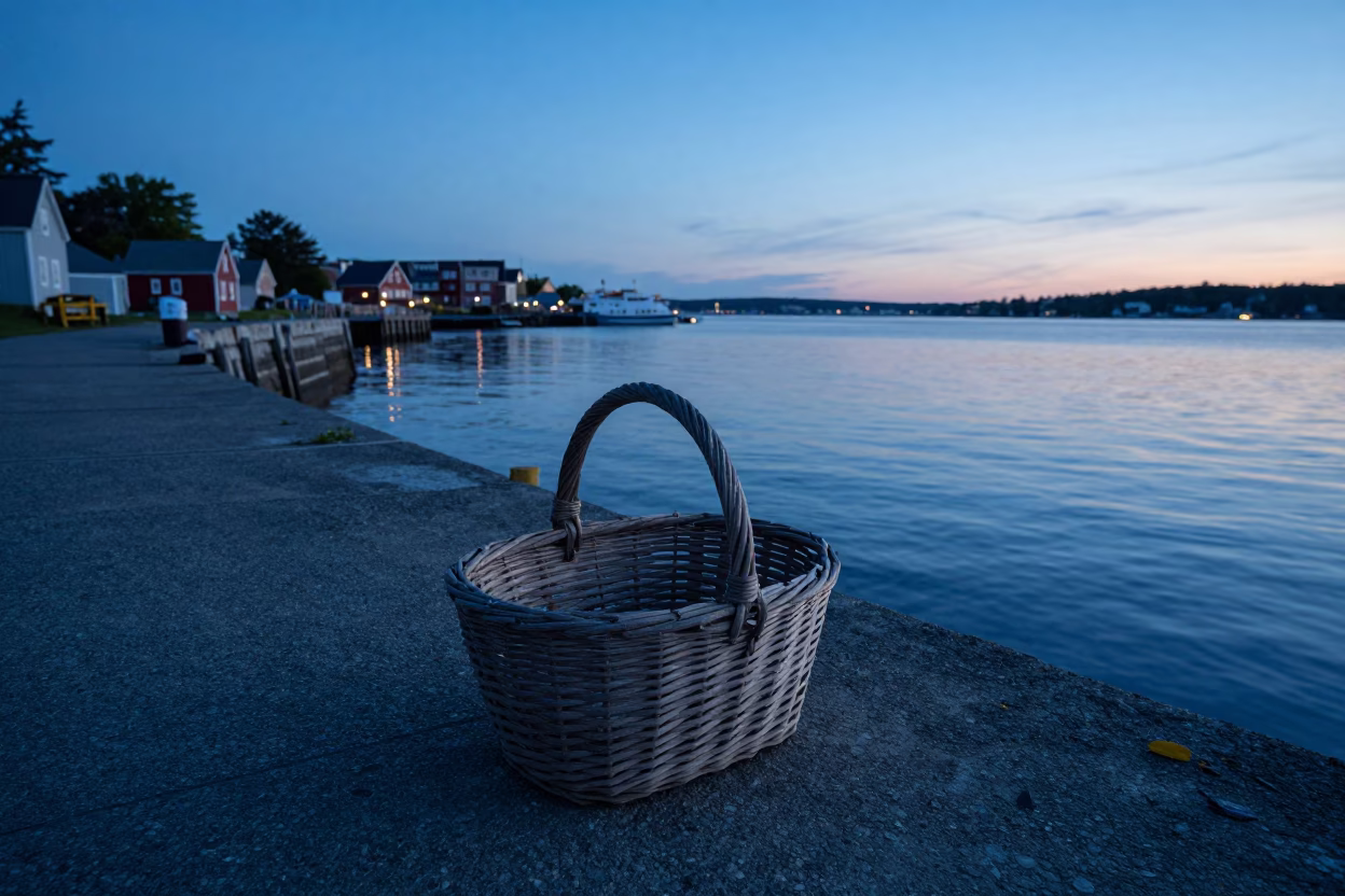Halifax Waterfront Twilight Scene with Peg Basket and Picnic Blanket in in Halifax, Nova Scotia, Canada