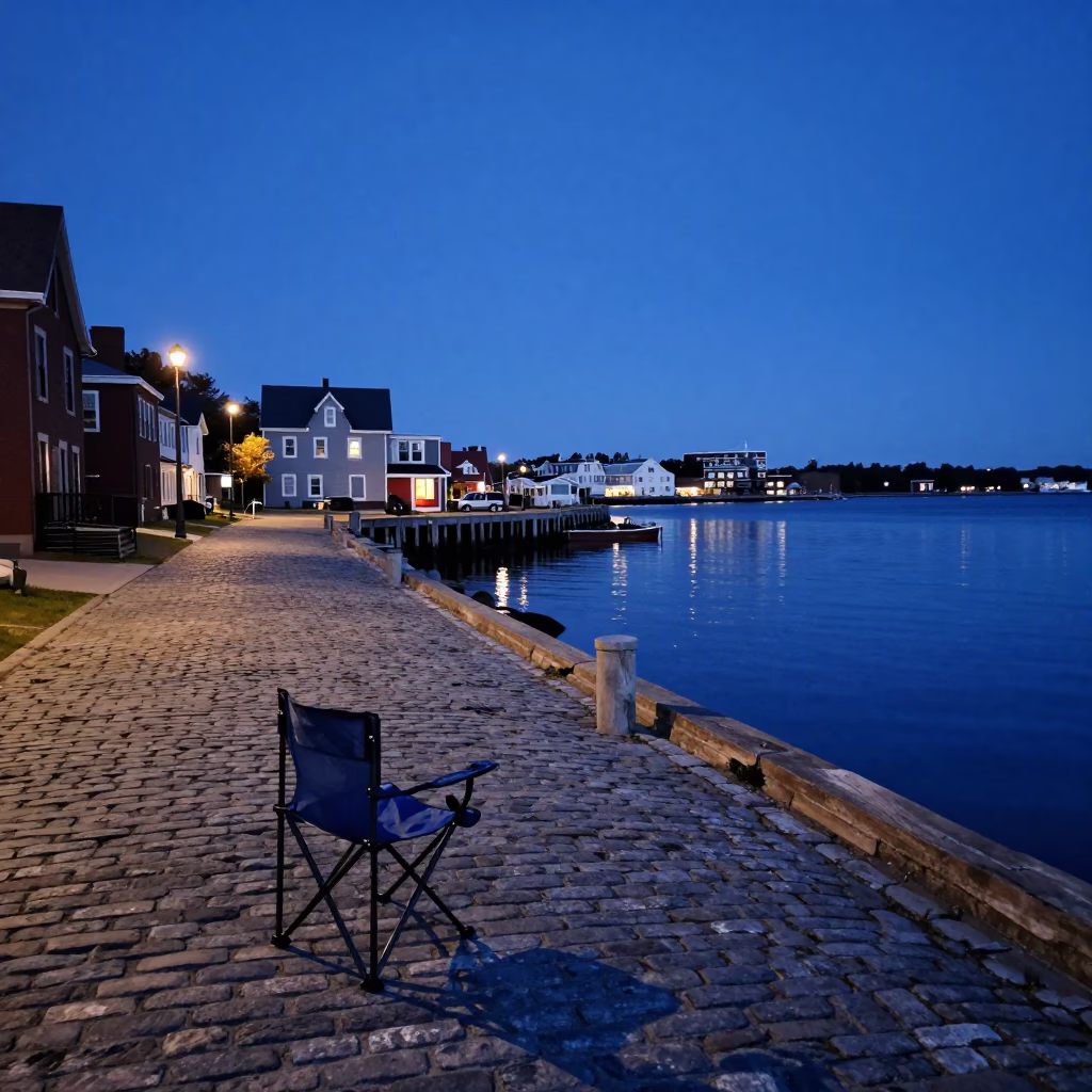 Halifax Waterfront Twilight Street Scene with Folding Chair and Dusk Lighting in in Halifax, Nova Scotia, Canada