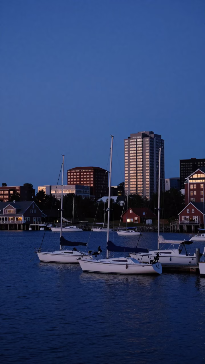 Halifax Waterfront Twilight View of Docked Sailboats and City Lights in in Halifax, Nova Scotia, Canada