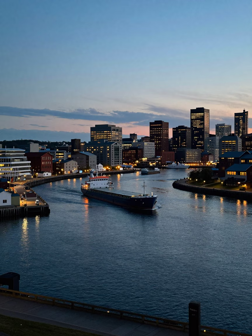 Halifax Waterfront Twilight View of Harbour Barges and City Lights in Nova Scotia Canada in in Halifax, Nova Scotia, Canada