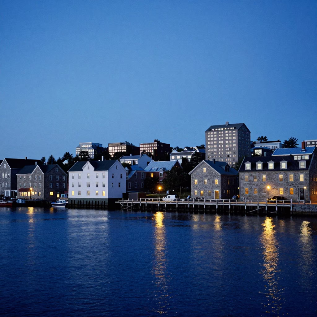 Halifax Waterfront Twilight View of Historic Stone Buildings and Harbor Lights in in Halifax, Nova Scotia, Canada