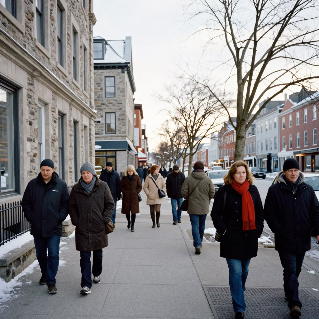 Halifax Winter Noon Bustling Street Scene with Coated Pedestrians in in Halifax, Nova Scotia, Canada