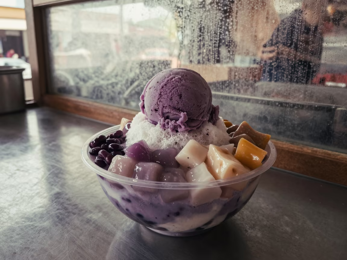 Halo-Halo Bowl with Purple Yam Ice Cream in at a market stall counter in Cebu