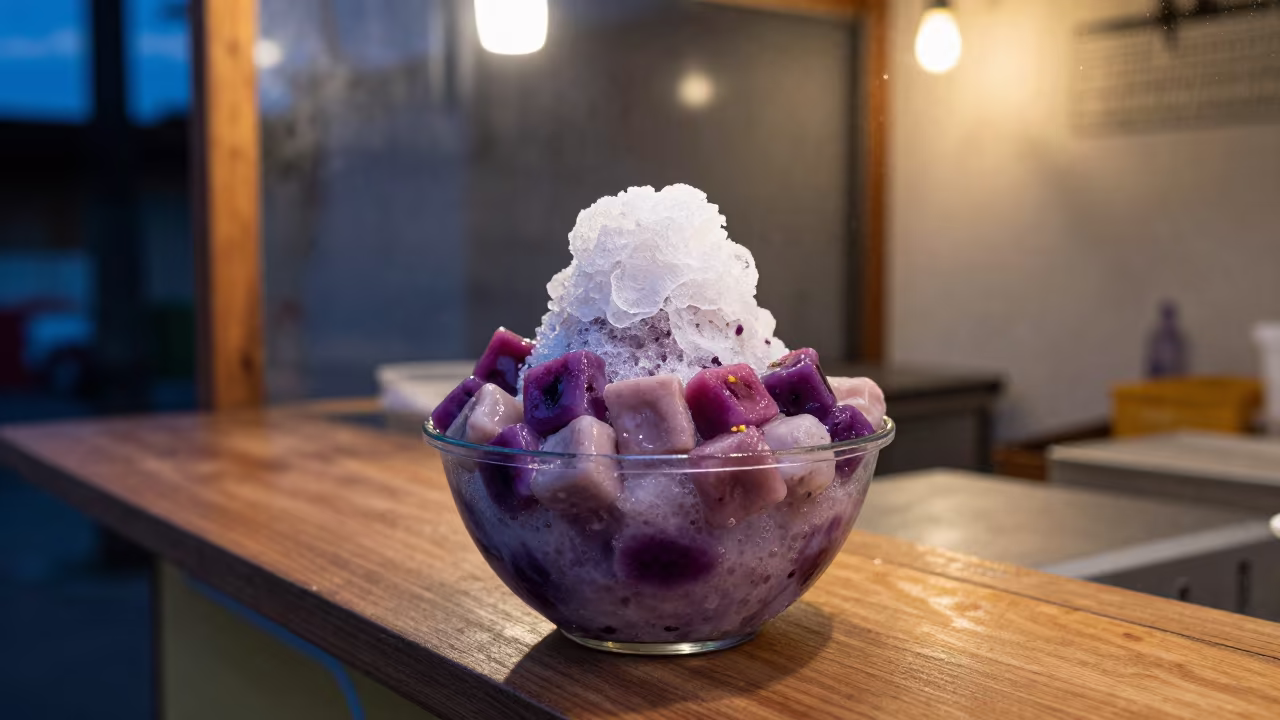 Halo-Halo Bowl with Purple Yam Ice Cream at Davao Market in at a market stall counter in Davao